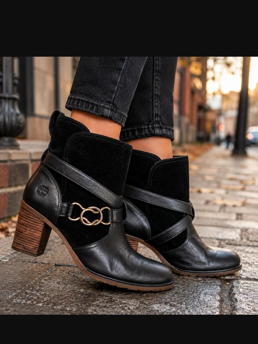 Timberland Black Leather and Suede Ankle Boots with Gold Ring Accent